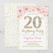 20ste verjaardagsfeestje - wit goud roze kaart (Voorkant / Achterkant)
