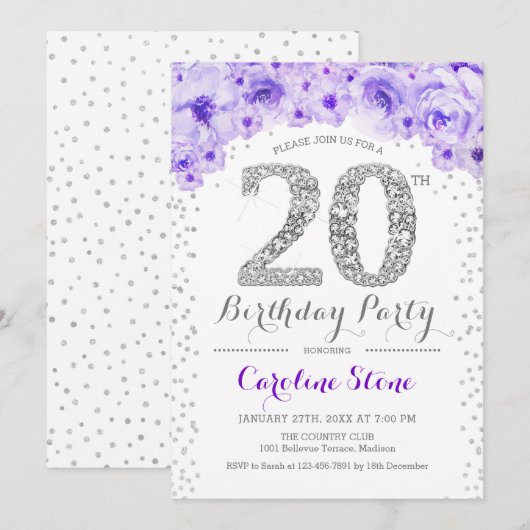 20ste verjaardagsfeestje - wit zilver Paarse Kaart (Voorkant / Achterkant)