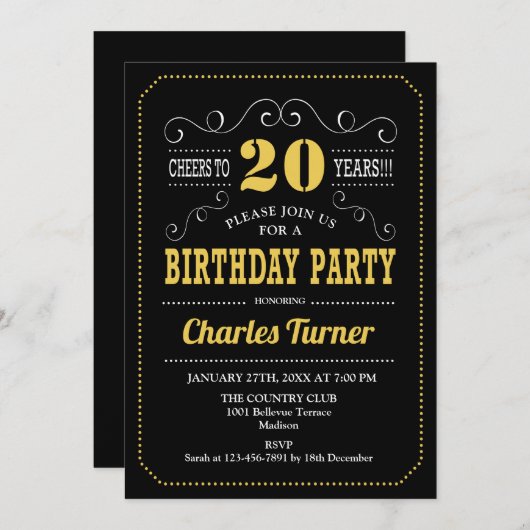20ste verjaardagsfeestje - Zwart Goud Wit Kaart (Voorkant / Achterkant)