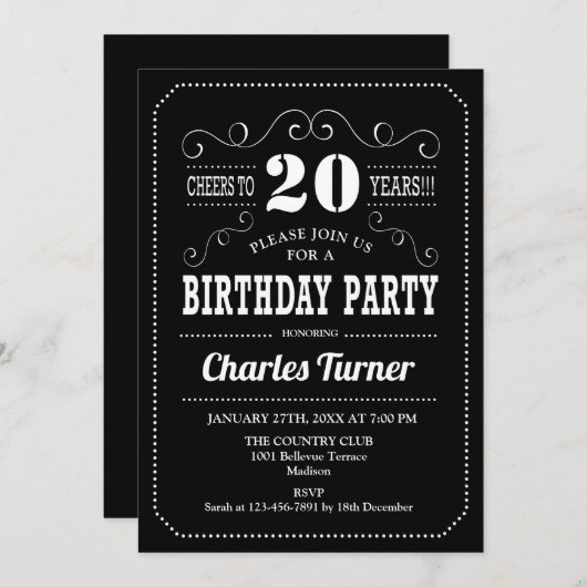 20ste verjaardagsfeestje - Zwart Wit Kaart (Voorkant / Achterkant)