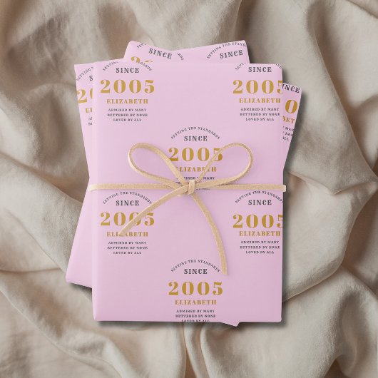20th Birthday 2005 Naam toevoegen Pink Grey Inpakpapier Vel