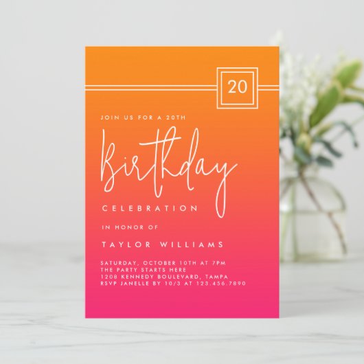 20th Birthday Bold Hot Pink Orange Simple Minimal Kaart (Staand voorkant)