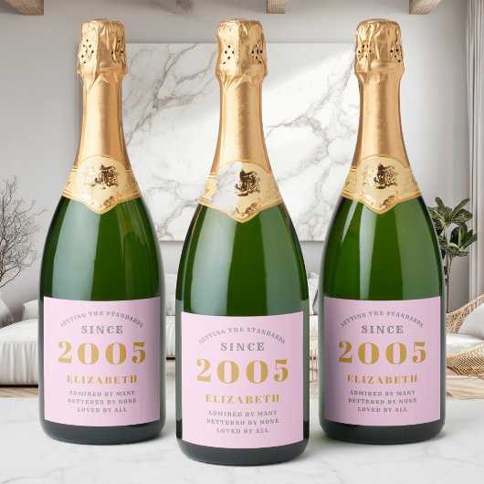 20th Birthday Born 2005 Voeg naam toe Pink Grey Sparkling Wijnetiket