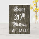 20th Birthday: Fancy, Elegant Text; Faux Wood Look Kaart (Gele Bloem)