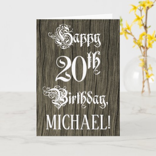 20th Birthday: Fancy, Elegant Text; Faux Wood Look Kaart (Gele Bloem)