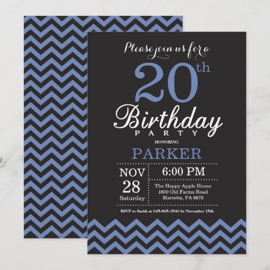 20th Birthday Invitation Black and Blue Kaart (Voorkant / Achterkant)