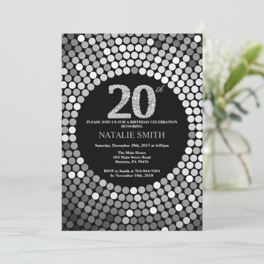 20th Birthday Invitation Black en Silver Glitter Kaart (Staand voorkant)