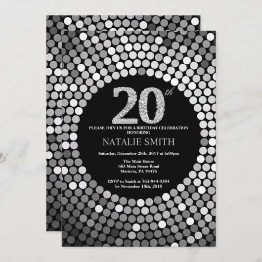 20th Birthday Invitation Black en Silver Glitter Kaart (Voorkant / Achterkant)