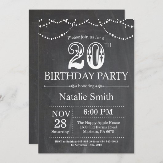 20th Birthday Invitation Chalkboard String Lights Kaart (Voorkant / Achterkant)
