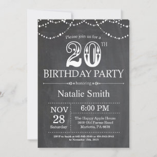 20th Birthday Invitation Chalkboard String Lights Kaart