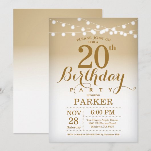 20th Birthday Invitation Gold String Lights Kaart (Voorkant / Achterkant)