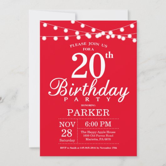 20th Birthday Invitation Red Kaart (Voorkant)