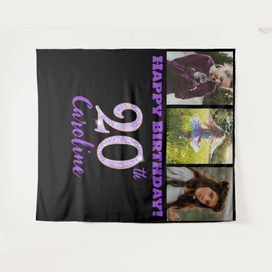 20th Birthday Party, Purple Glitter & 3 photos Wandkleed (Voorkant (horizontaal))