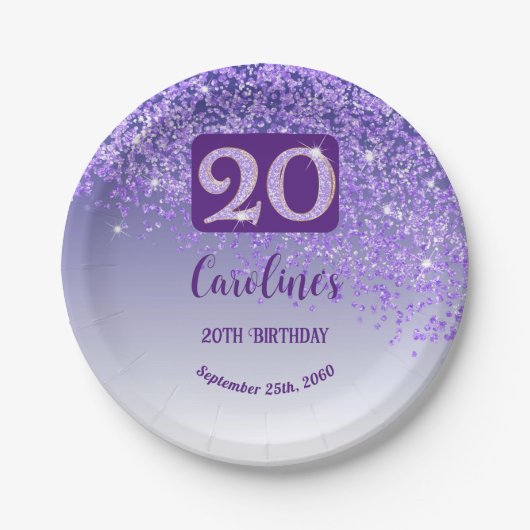 20th Birthday Party Sparkle Purple Glitter Papieren Bordje (Voorkant)
