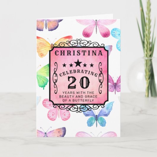 20th Birthday Pink Watercolor Butterfly Greeting Kaart (Voorkant)