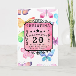 20th Birthday Pink Watercolor Butterfly Greeting Kaart
