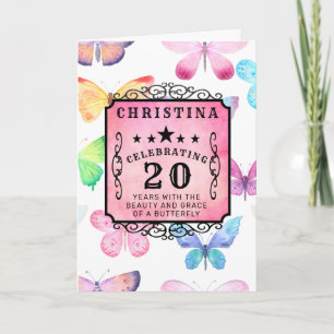 20th Birthday Pink Watercolor Butterfly Greeting Kaart