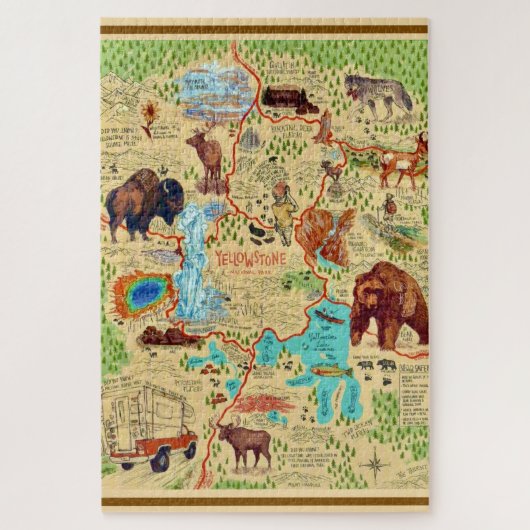 20x30 geïllustreerde kaart van Yellowstone Legpuzzel (Verticaal)