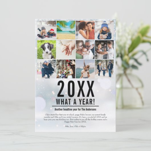 20XX Wat een jaar familie Foto Collage Snow Holida Feestdagenkaart (Staand voorkant)