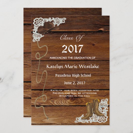 20XX Wood, Boots & Lace Afstuderen Aankondiging (Voorkant / Achterkant)