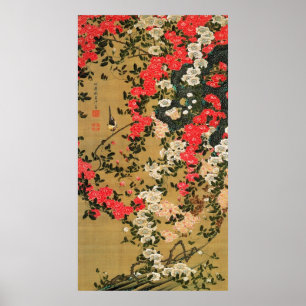 21. 薔 小 図, 若 冲 Rozen en kleine vogelstand, Jakuchü Poster