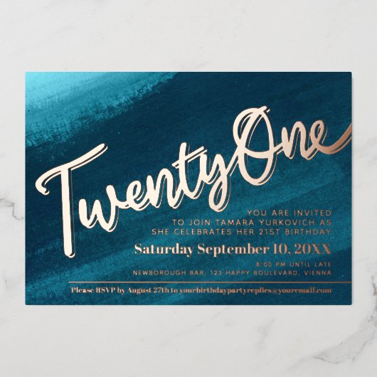 21-21-jarig feest blauwgroen gouden foto folie uitnodiging (Voorkant)