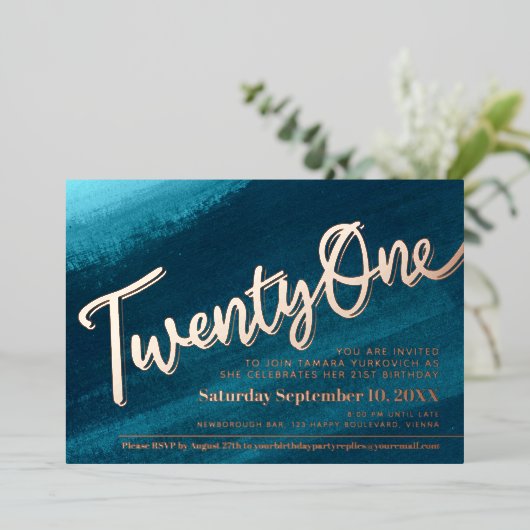 21-21-jarig feest blauwgroen gouden foto folie uitnodiging (Staand Voorkant)