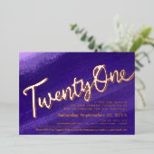 21-21-jarig feest paars roos goud folie uitnodiging (Staand Voorkant)