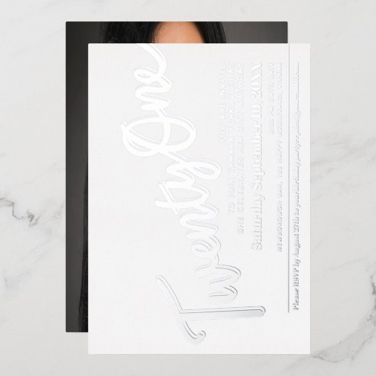 21 21e verjaardag zilver op wit folie uitnodiging (Voorkant / Achterkant)