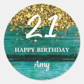 21 Birthday Girly Turquoise Gold Glitter Ronde Sticker (Voorkant)