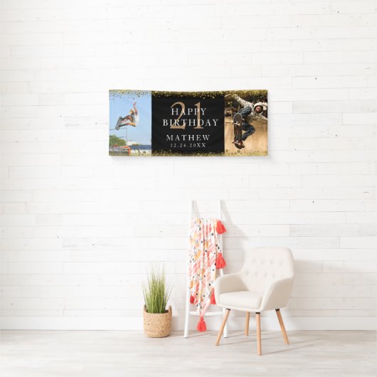 21 e verjaardag zwarte & gouden feestbanner spandoek (Insitu)