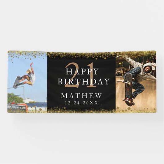 21 e verjaardag zwarte & gouden feestbanner spandoek (Horizontaal)