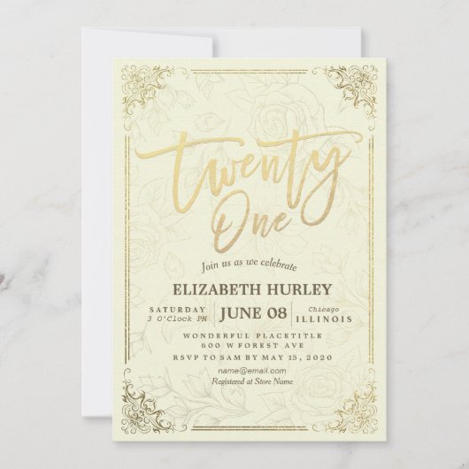 21 Elegant Manuscript Gold Floral Lijst op feestda Kaart (Voorkant)