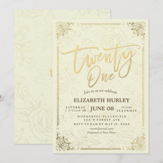 21 Elegant Manuscript Gold Floral Lijst op feestda Kaart (Voorkant / Achterkant)