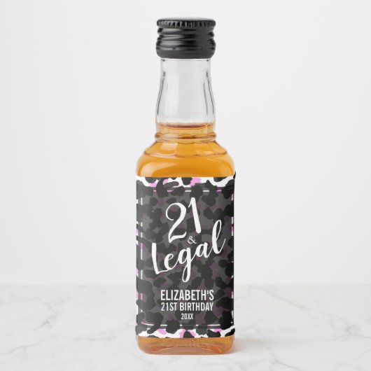 21 en Juridisch Roze Zwart Leopard Custom Mini Likeurfles Etiket (Voorkant)