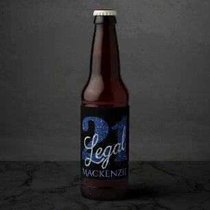 21 en juridische   Blauwe faux glitter 21e verjaar Bier Etiket