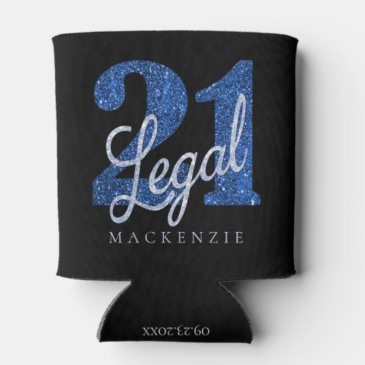 21 en juridische | Blauwe faux glitter 21e verjaar Blikjeskoeler (Achterkant)