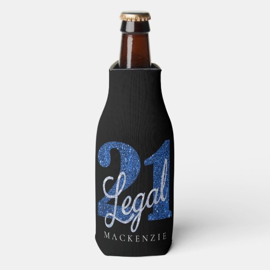 21 en juridische | Blauwe faux glitter 21e verjaar Flesjeskoeler (Fles Voorkant)