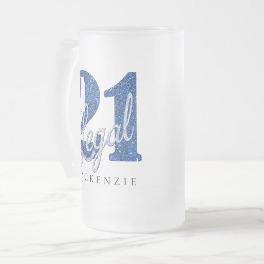 21 en juridische | Blauwe faux glitter 21e verjaar Matglas Bierpul (Voorkant links)