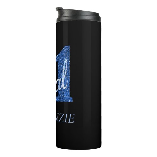 21 en juridische | Blauwe faux glitter 21e verjaar Thermosbeker (Geroteerd rechts)