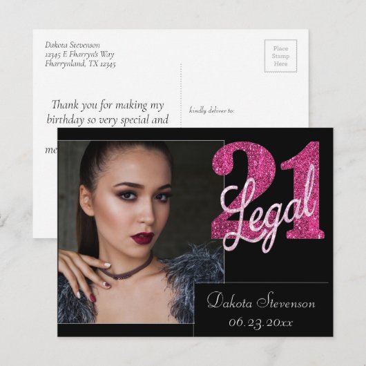 21 en juridische | Fun Pink Faux Glitter 21e verja Briefkaart (Voorkant / Achterkant)