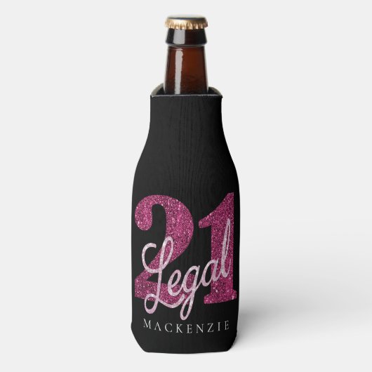 21 en juridische | Fun Pink Faux Glitter 21e verja Flesjeskoeler (Fles Voorkant)