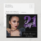 21 en juridische | Paarse Faux Glitter 21e Verjaar Briefkaart (Voorkant / Achterkant)