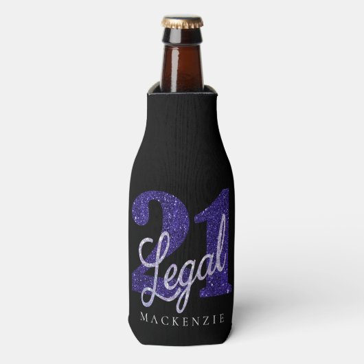 21 en juridische | Paarse Faux Glitter 21e Verjaar Flesjeskoeler (Fles Voorkant)