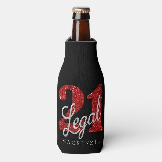 21 en juridische | Rode faux glitter 21e verjaarda Flesjeskoeler (Fles Voorkant)