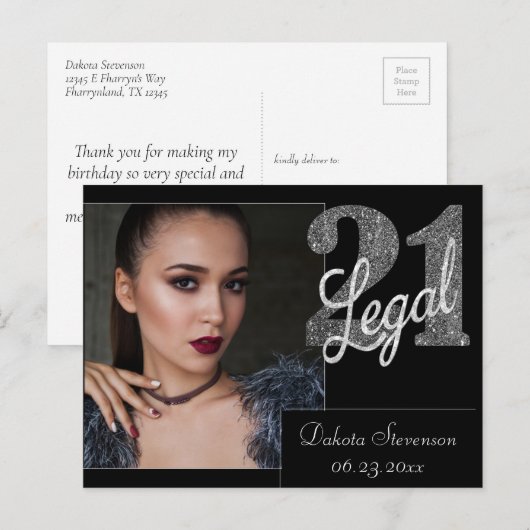 21 en juridische | Zilveren Faux Glitter Foto Dank Briefkaart (Voorkant / Achterkant)