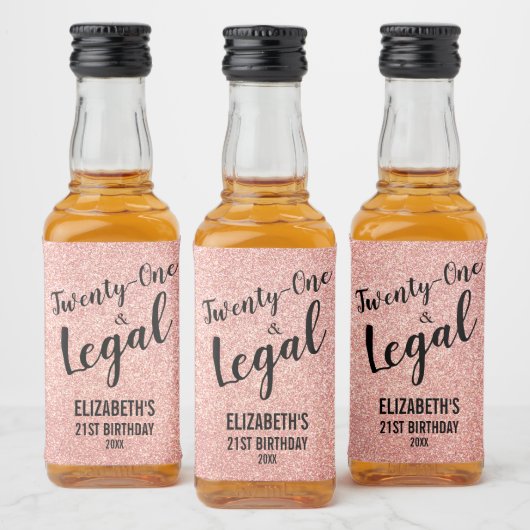 21 en Legaal Blush Roos Glitter Custom Mini Likeurfles Etiket (Flessen)