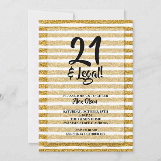 21 en Legaal Goud Glitter Strepen Verjaardag Kaart (Voorkant)