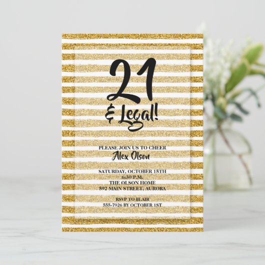 21 en Legaal Goud Glitter Strepen Verjaardag Kaart (Staand voorkant)