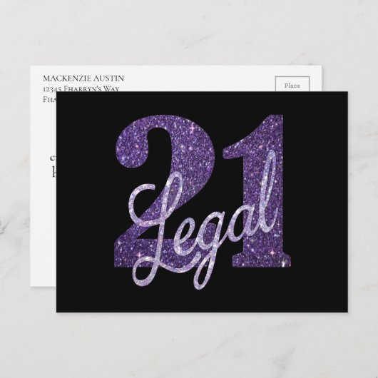 21 en Legaal | Paarse Nep Glitter 21e Verjaardag Briefkaart (Voorkant / Achterkant)